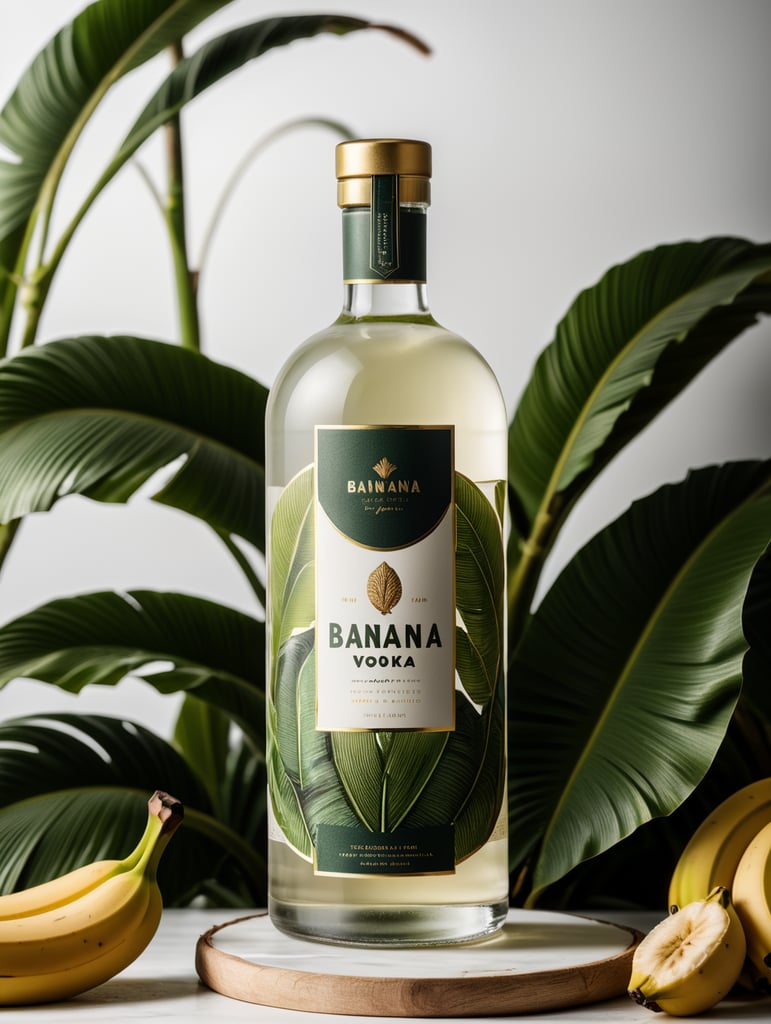 Packaging and branding for a banana vodka brand as if it had been designed by HI ESTUDIO with In a set design with banana, banana leaves.