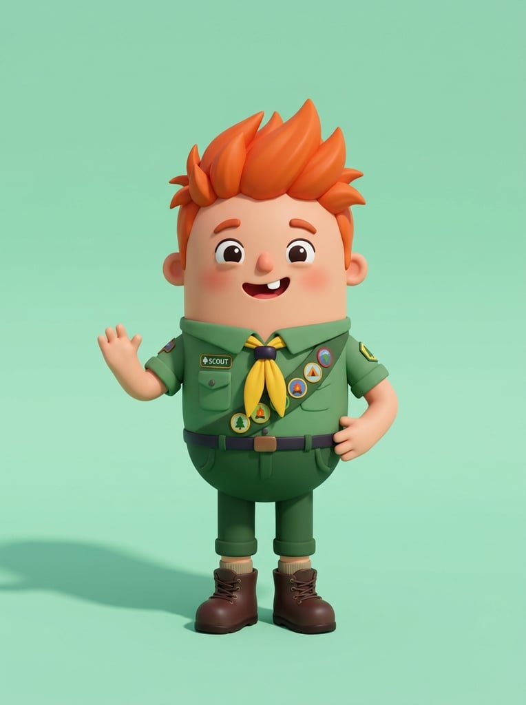 A 3D cartoon boy with a pill-shaped body, spiky orange hair, and a wide single-toothed smile. He wears a green scout uniform and yellow neckerchief. The character stands against a solid mint green background with soft lighting, smooth toy-like textures, and a leftward shadow.