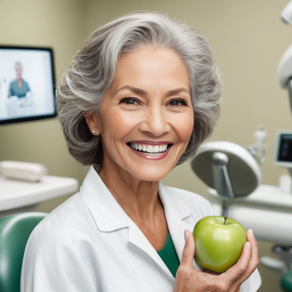portrait of a woman, 50 years, beautiful teeth, smiling, gray hair, holding a green apple, standing in front of a dentist treatment chair, photoshoot by annie leibovitz, depth of field, film grain
