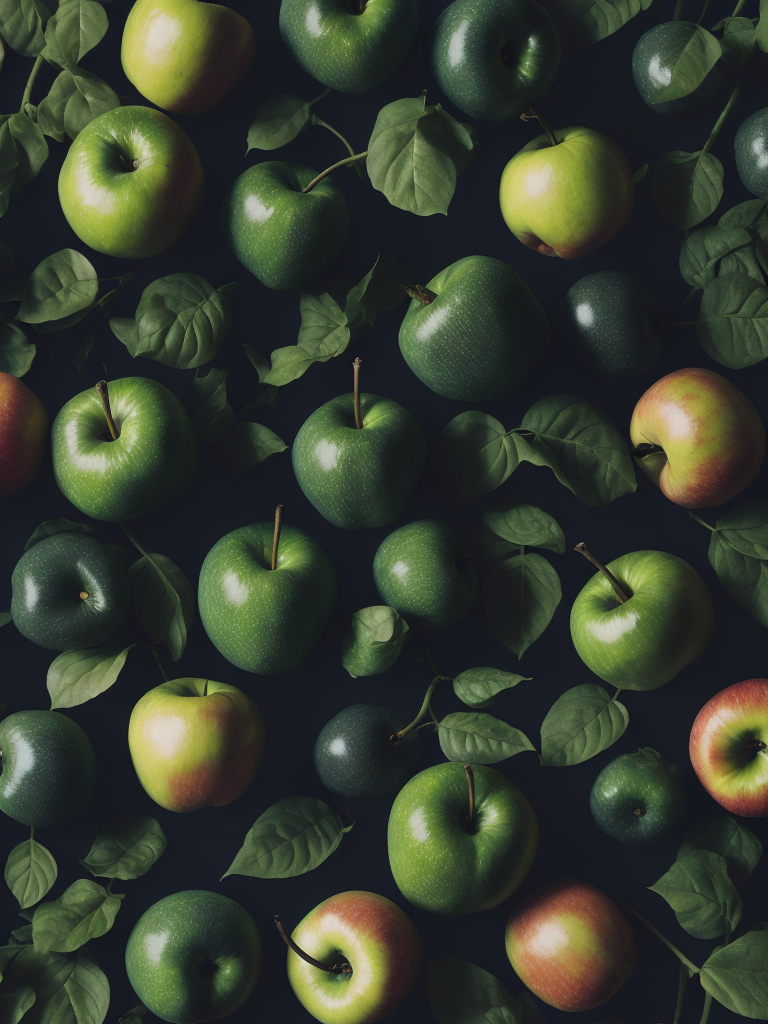 Apples pattern with green leaves, detailed Apples, macro photo