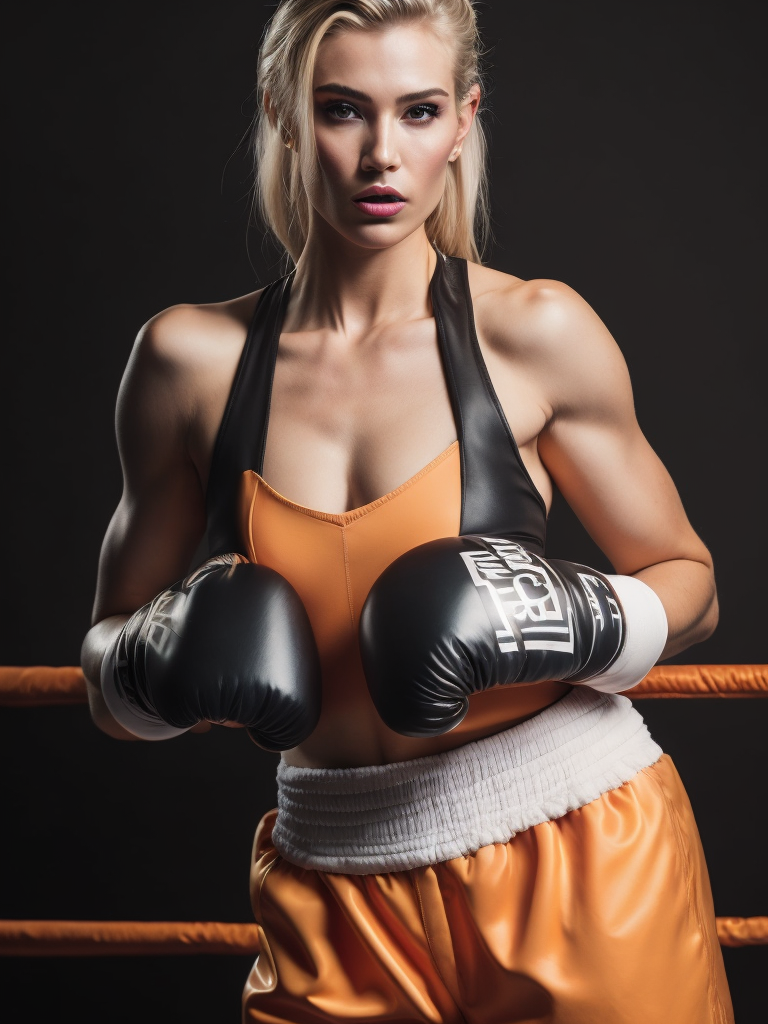 Super-realist portrait of a blonde supermodel with boxing gloves, high resolution hair, 8k style, 32uhd, skin pores, peach fuzz, bright Dior style make-up, fashion editorial style, Award winning photo, dramatic lighting, boxing ring, dramatic lighting,