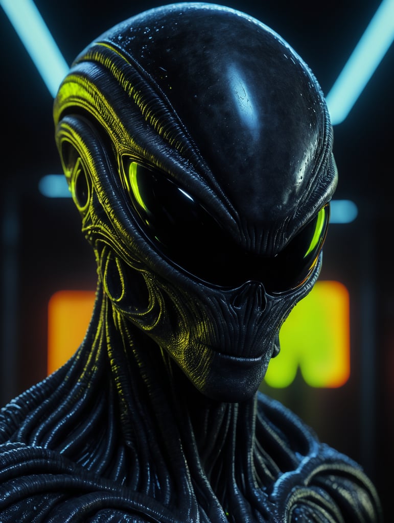 Alien made of black alien liquid, translucent with neon lights, liquid dripping, dark atmosphere