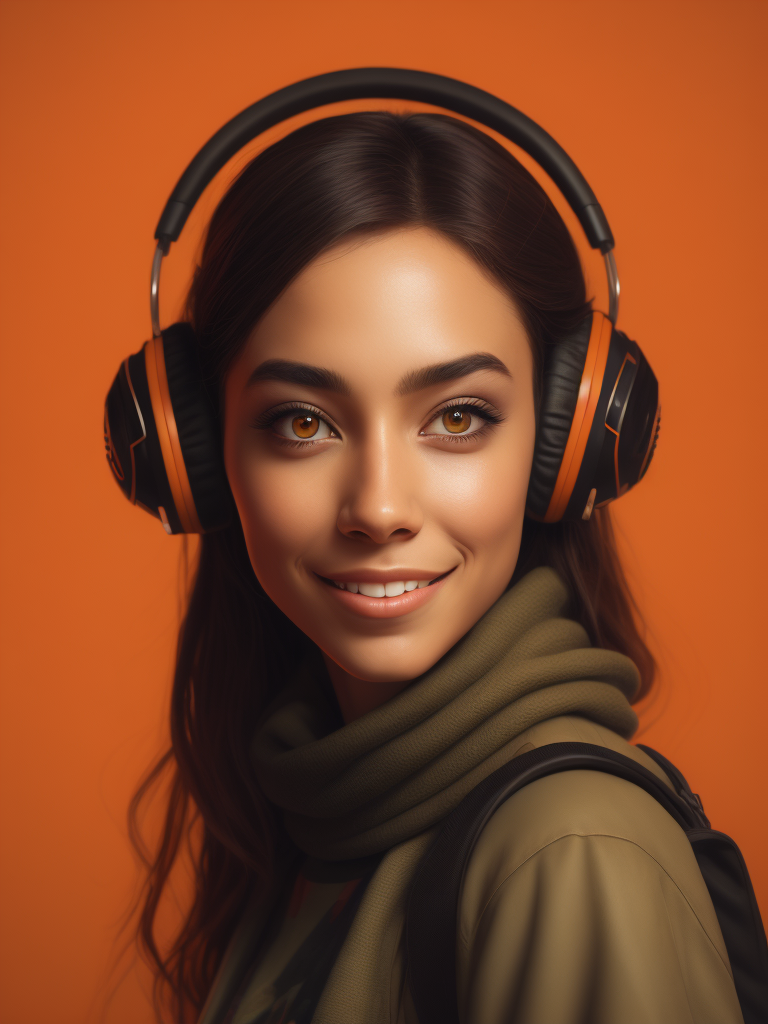 Pretty girl listening to music with calm sweet smile and big eyes with orange background