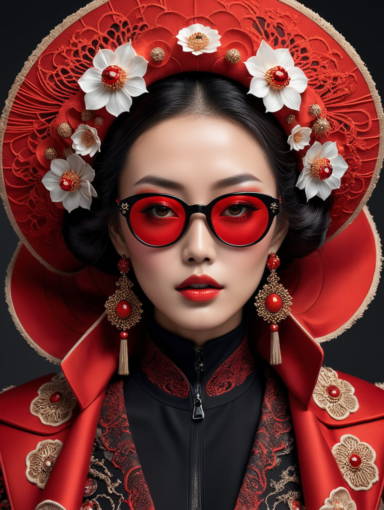 A japan tendency luxury top model dressed with Autumn woolen and Cotton threads clothes in shape of red Waves spectrum. "Smoke black reflecting futuristic glasses", dark diamond jewelry, hijab graved with colorful japan inspiration in the shape of frilly and mushroomy large waves threads inspired long coat flowing, black clean studio background, hyper detailed, epic Ai Yazawa, maximalist, contrast, Alberto Seveso fashion art style, hyper realistic, studio light, soft light, volumetric lighting, subsurface scattering, 4k, 8k, HD,-- s 1000 --style raw, fashion magazine cover