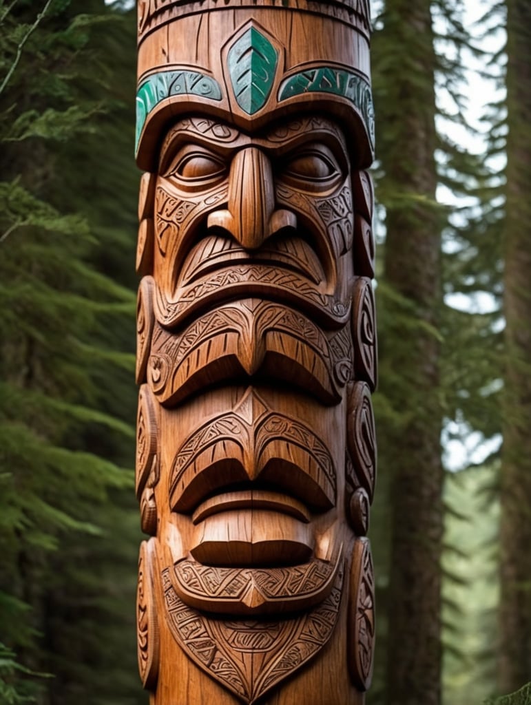 viking totem pole, carved wood, aggressive totem, traditional ornament