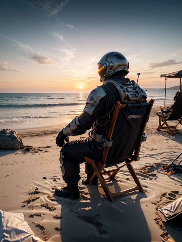 An astronaut sitting on a beach chair on a beautiful beach. With the sunset in the background.