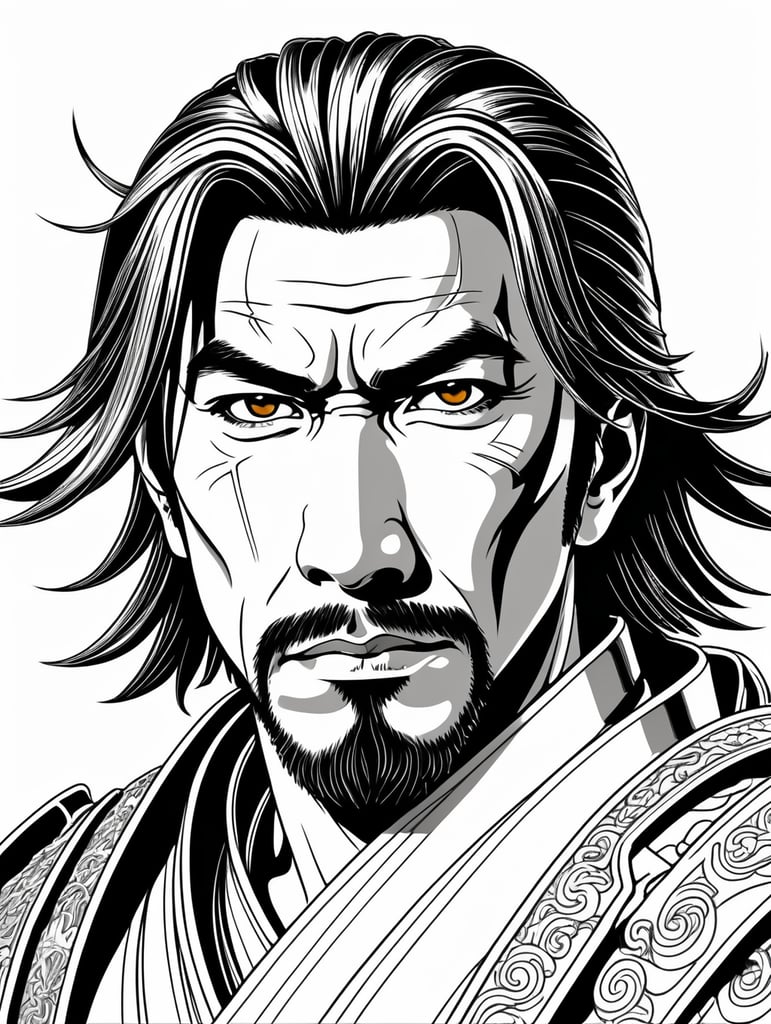 Generate a portrait of a samurai, 4k resolution, anime line art, in the style of akira toriyama, with clear lines, no shadows, on a pure white background suitable for a adult's coloring book.