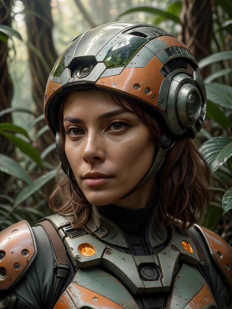 Waist-up, muted photo portrait titled "female futuristic alien in a jungle", broken helmet tangerine, muted palette, muted colors, detailed, 8k
