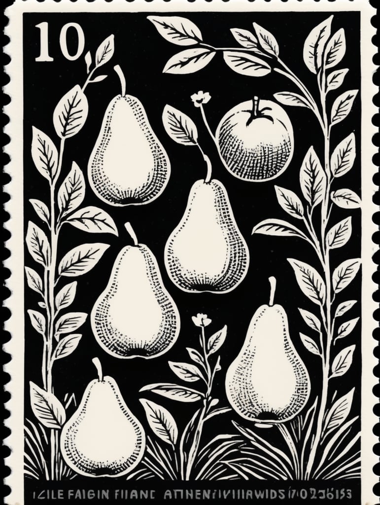 Black and white linocut postage stamp pear garden thick bold dark lines