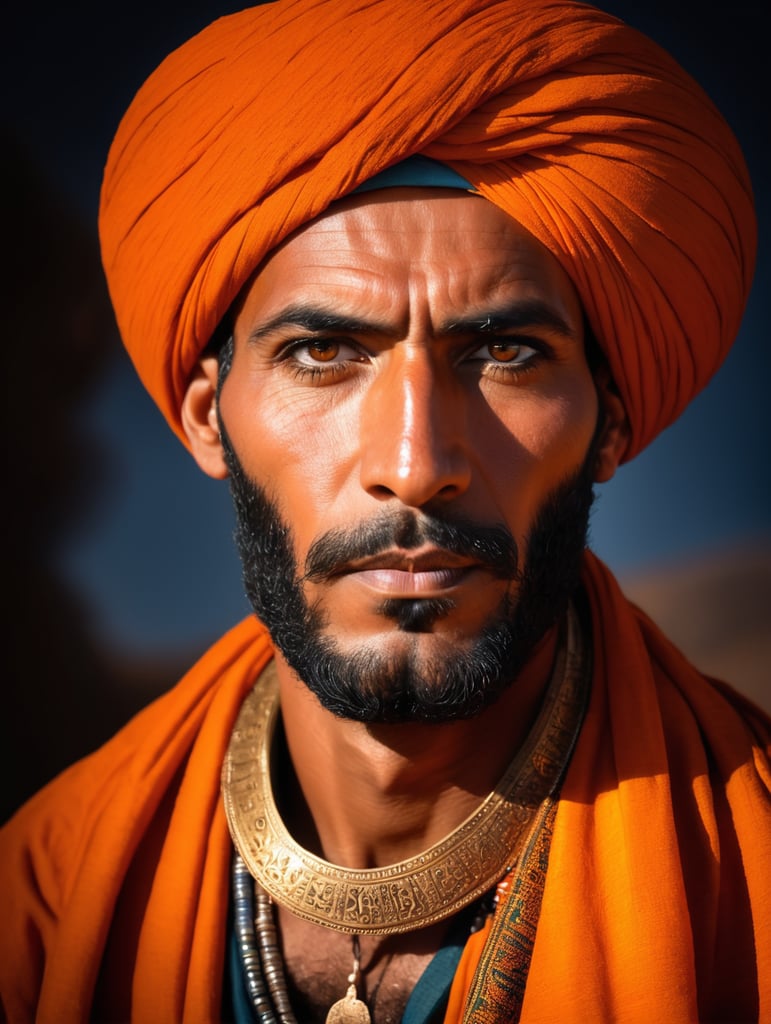 portrait of a striking Berber man in orange turban, Morocco, dramatic light, striking eyes