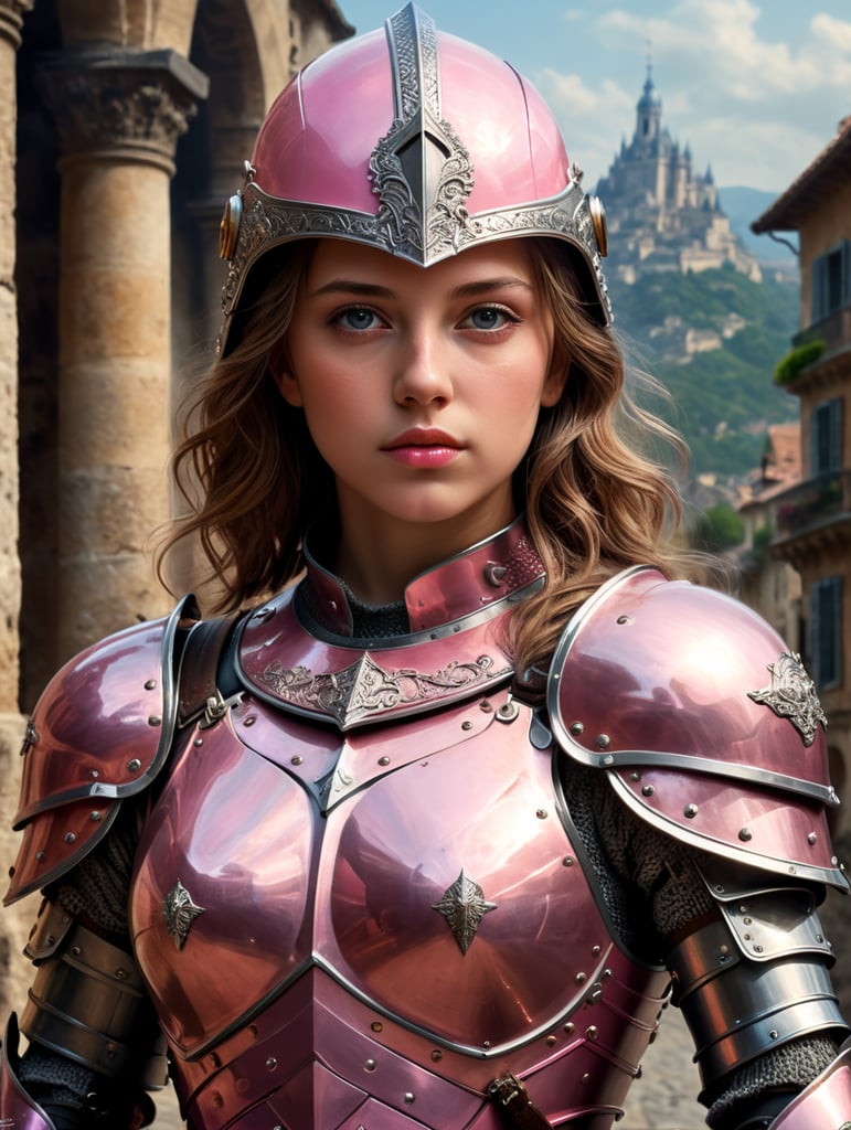 France in the image of a girl dressed in her armor, in the style of photorealistic portraits, pink, dreamy portraits, German art, combines Mexican and American cultures, cinematic elegance, the artist-appropriator.
