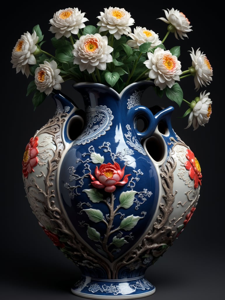 Chinese porcelain human heart vase, with flower