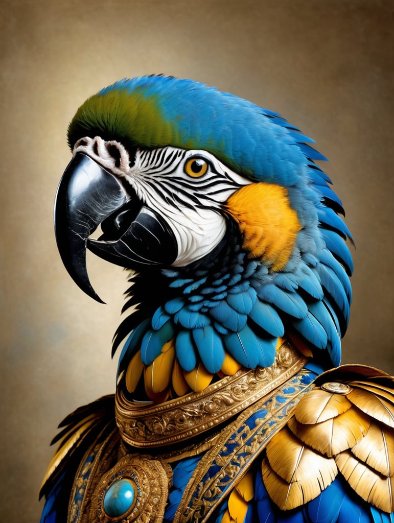 A masterpiece painting by Rembrandt Van Rijn, a Portrait of a blue and gold macaw wearing the typical clothes of the time, Renaissance painting style, 2 3 view, simple background, waist upwards, highly detailed, high contrast