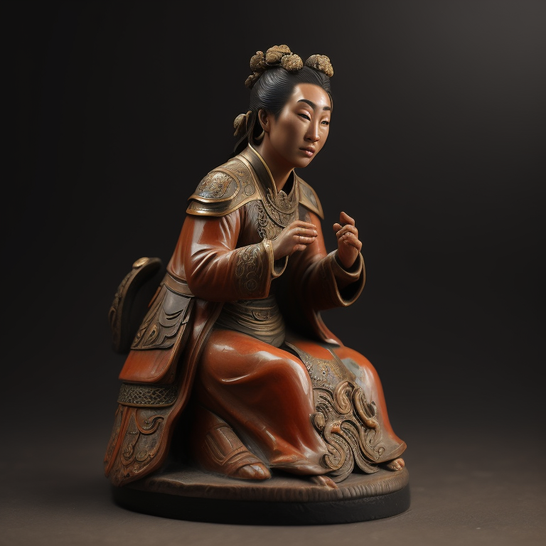 ancient small clay and glazed Chinese sculpture of a woman, deep atmosphere, realistic