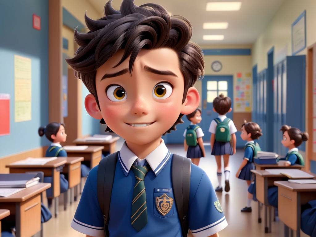 Disney pixar 3 Okul koridorunda bir erkek masanın başında bekliyor elinde notlar var saçları iyi yandan ayrılmış gözleri çekik yüzü çok güzel karşıdan bir kız geliyor saçı yukardan bağlı üstünde okul forması var bir an göz göze geliyorlar kızın heyecandan kalbi duracak gibi oluyor