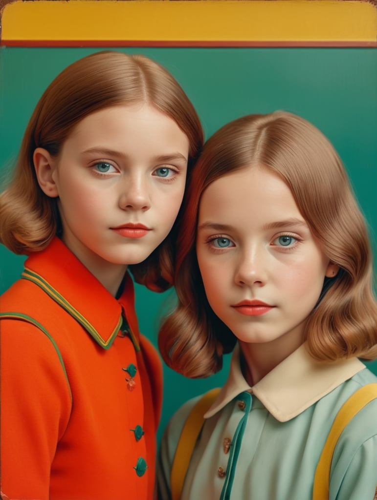 Vintage portrait of two girls, Wes Anderson style, Incredibly high detail, Bright colors
