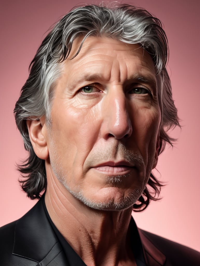 Portrait of Roger Waters, muted and unsaturated colors, elegant, highly detailed, vogue, fashion magazine, sharp focus,Dramatic Lighting, Depth of field, Incredibly high detailed, blurred pink background