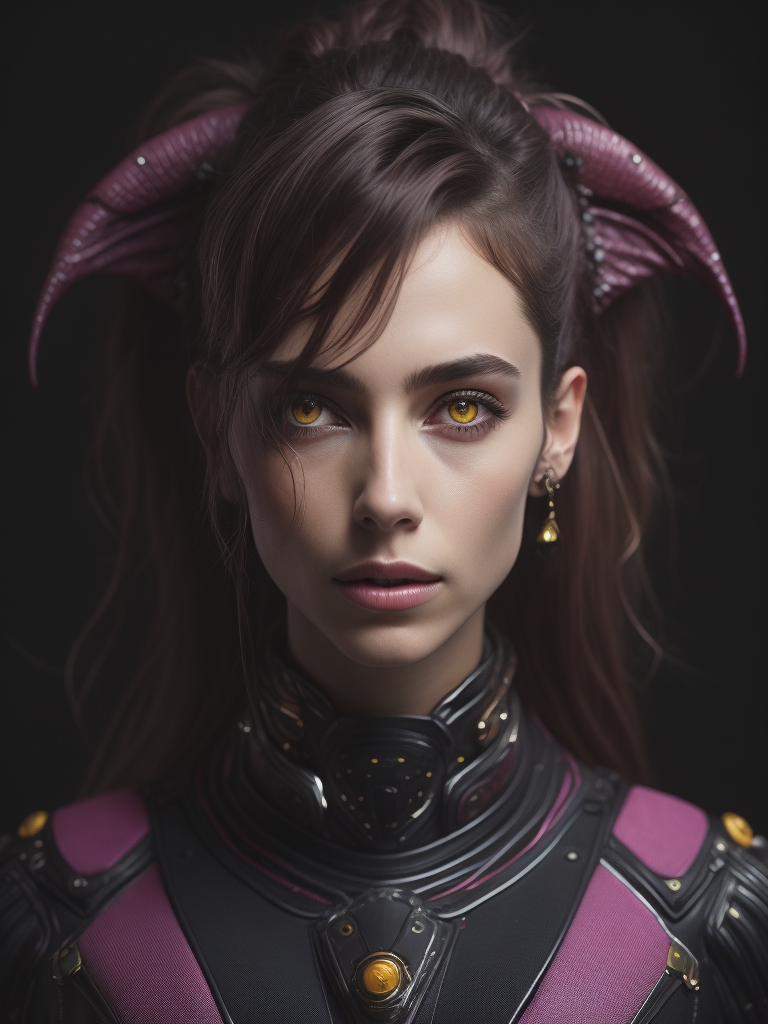 Beautiful alien girl with pink skin and yellow eyes, portrait, black background