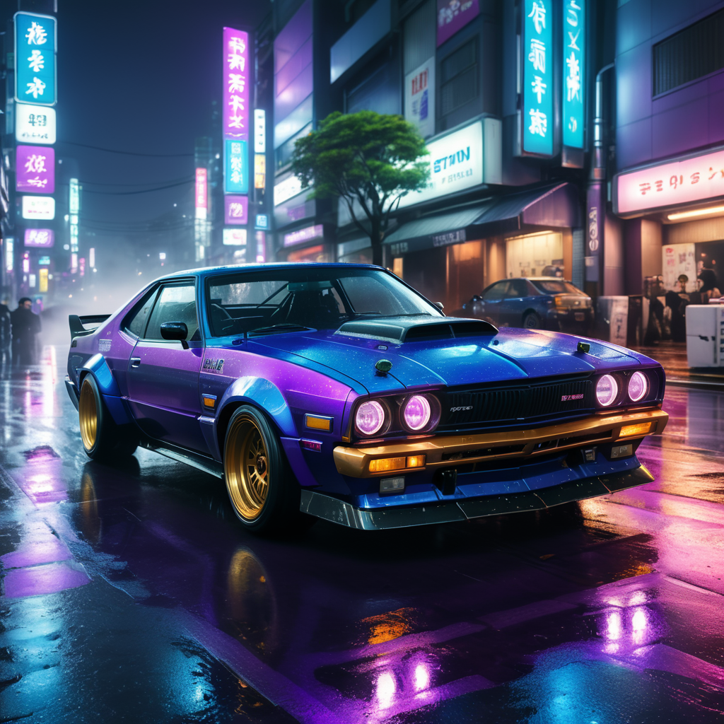 Sport drift car on a wet street in Tokyo during night, cyberpunk futuristic style, purple blue tones