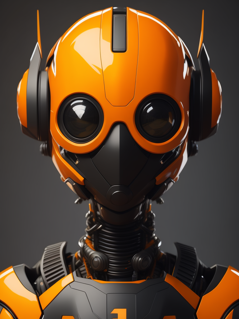 Orange and black AI robot, short and cute, simple 3d model, wearing jacket and glasses