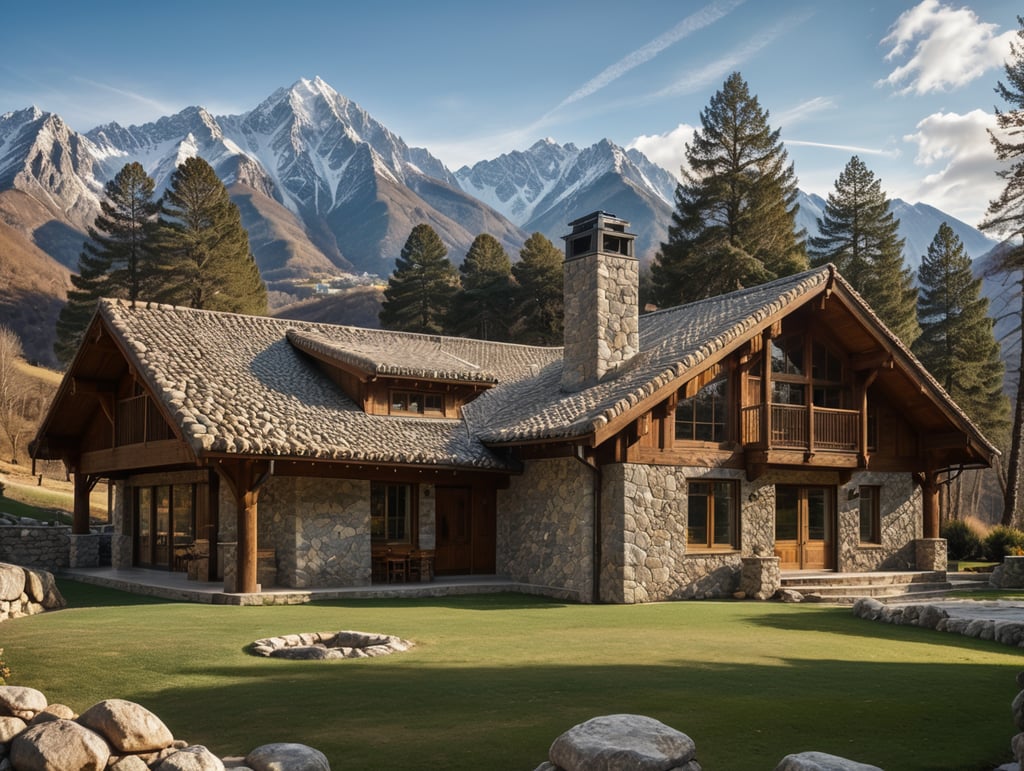 mountain house built of stone, with large windows, mountains in the background