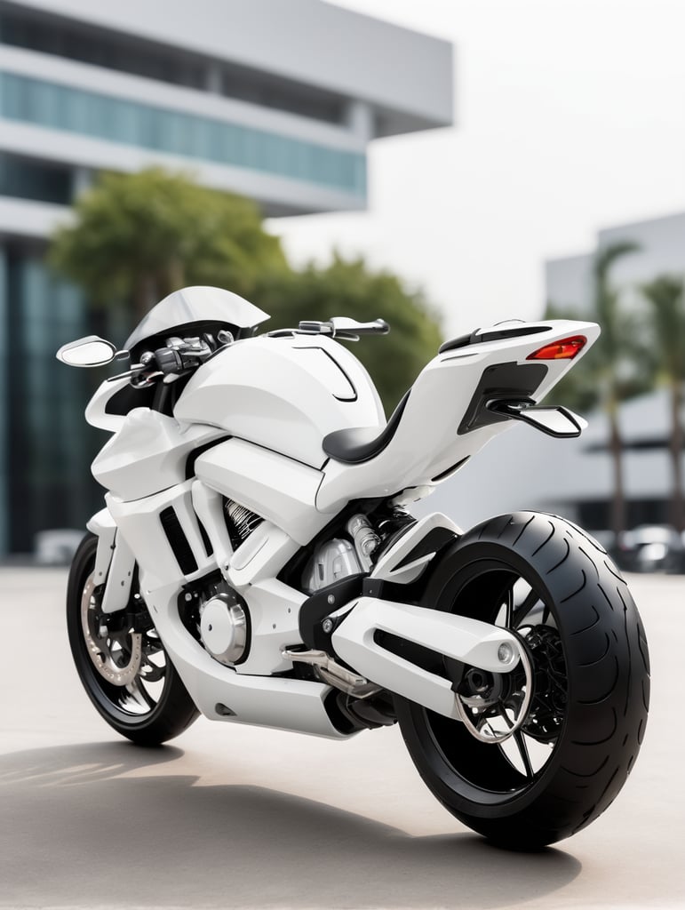 Futuristic white motorbike, low angle view, isolated, white background, mockup