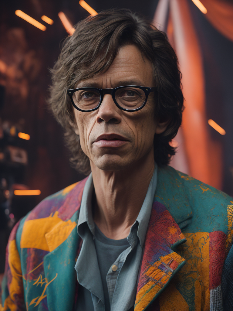 Mick Jagger wearing a brightly patterned jacket and wayfarer glasses, Vivid saturated colors, Contrast color