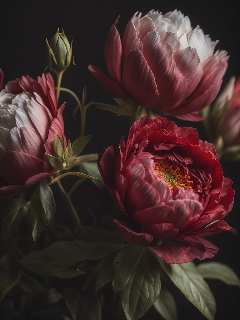 beautifully red peonys, bright and saturated colors, elegant, highly detailed, sharp focus, bright expressive, incredibly high detailed, with black background