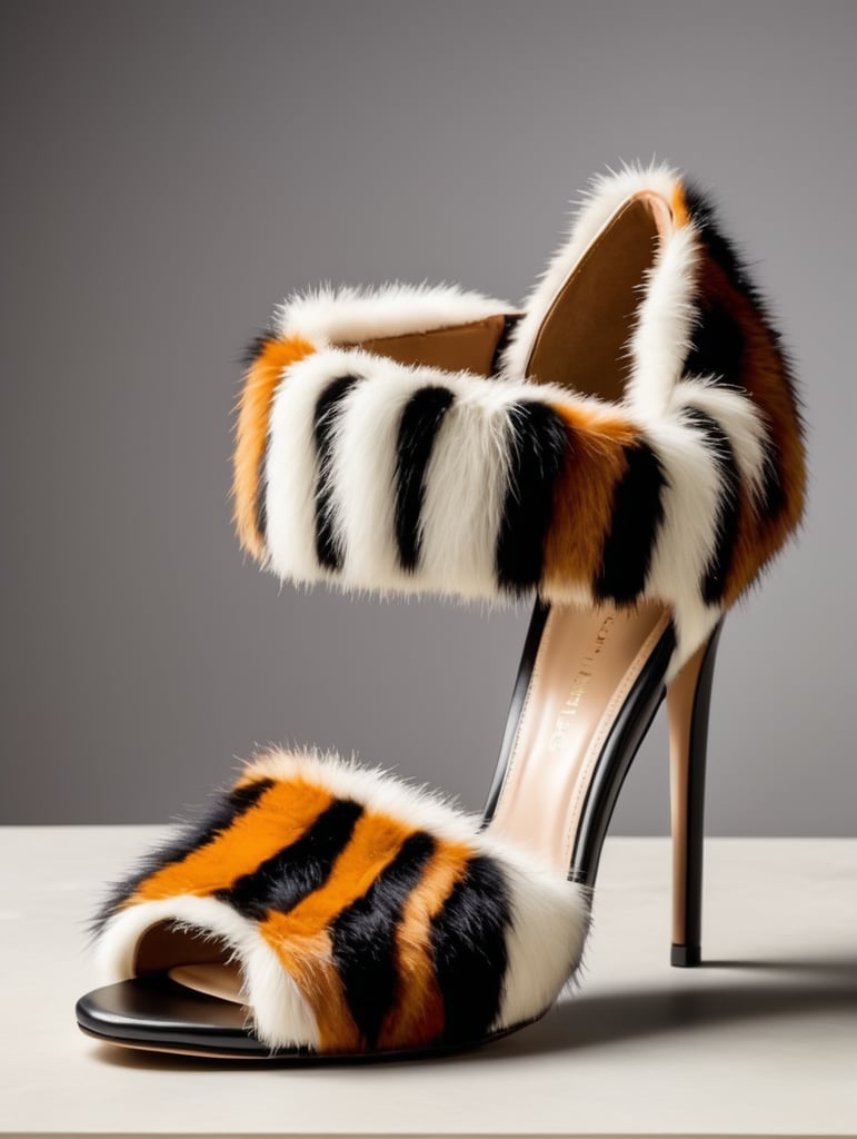 High heeled shoe made from tiger fur