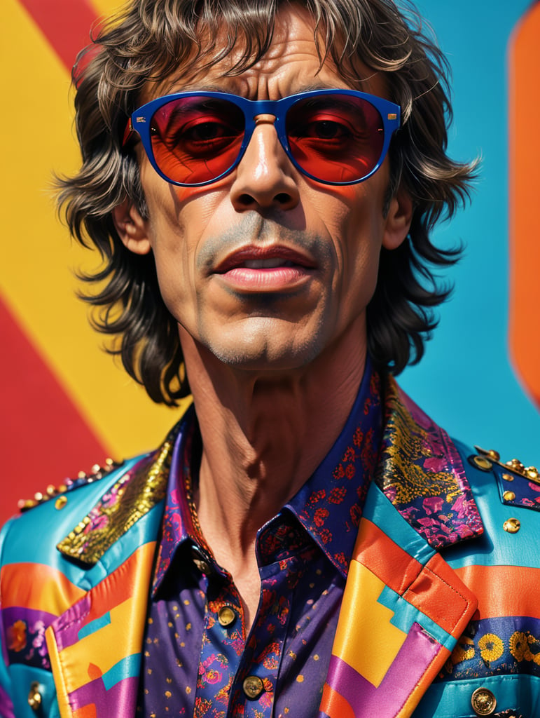 Mick Jagger wearing a brightly patterned jacket and wayfarer glasses, Vivid saturated colors, Contrast color