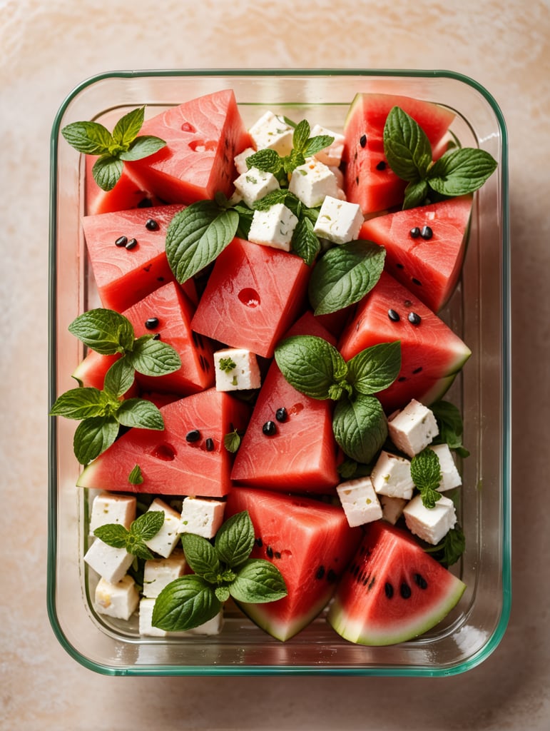 Watermelon Salad with Feta and Mint in a transparent plastic tray, top view, isolated, mockup