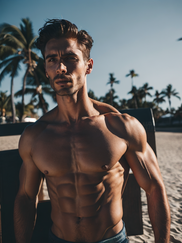 Create a striking image that captures the essence of a muscular man confidently posing on the vibrant sands of Miami Beach. The man should exude strength and vitality, with his well-defined muscles glistening under the warm sun. The backdrop should showcase the iconic Miami Beach scenery, featuring clear blue skies, gently rolling waves, and a backdrop of palm trees swaying in the ocean breeze. The pose should reflect a combination of power and relaxation, as if he's both showcasing his physique and enjoying the serene beauty of the surroundings. The image should radiate a sense of energy, health, and the laid-back glamour that Miami Beach is renowned for with ginger hair and beard.