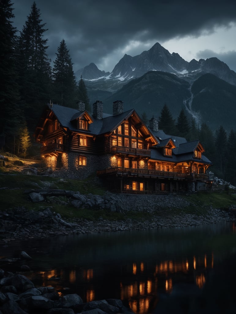 Professional evening photo of a Log mountain house, mountains, lake, forest