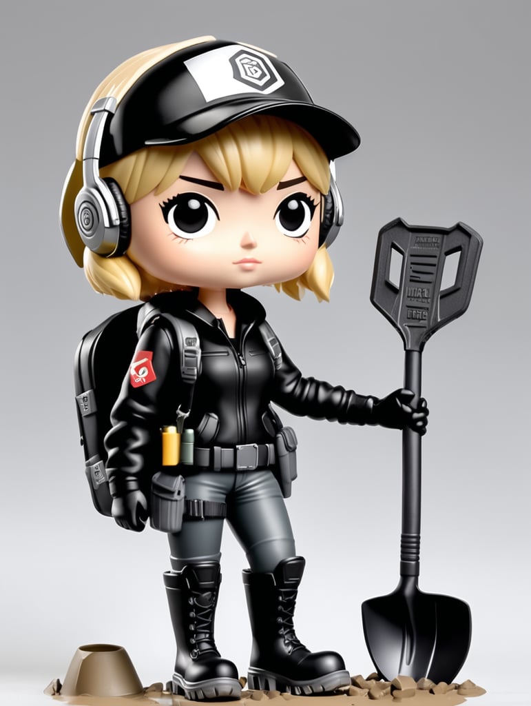 Female funko pop character with short length straight blonde hair wearing black cap and headphones black clothes with grey wellies and holding a metal detector in one hand and a shovel in the other hand with a back pack on and a tool belt around the waste