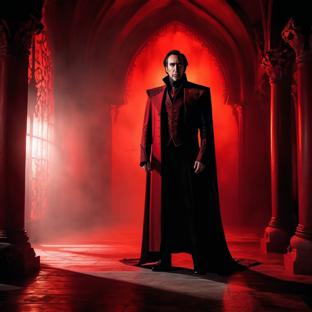 Nicolas Cage as Dracula, full body shot, red and backlighting, moody, grotesque