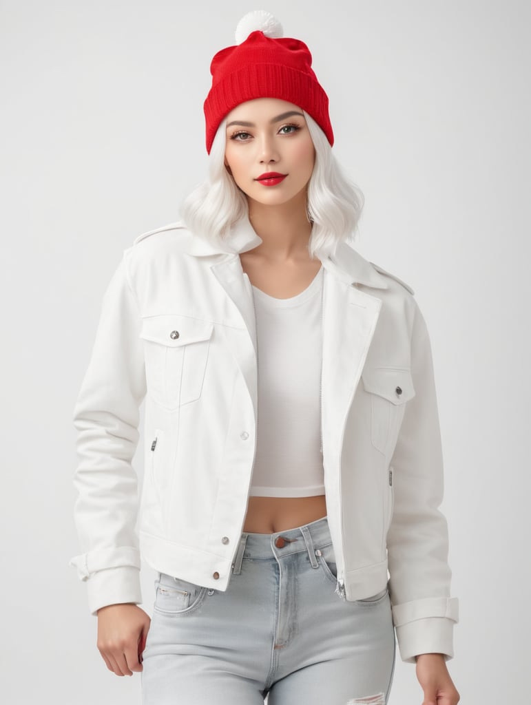 a young women with white hair and red hat on his head is wearing a white lacket, isolated, white background