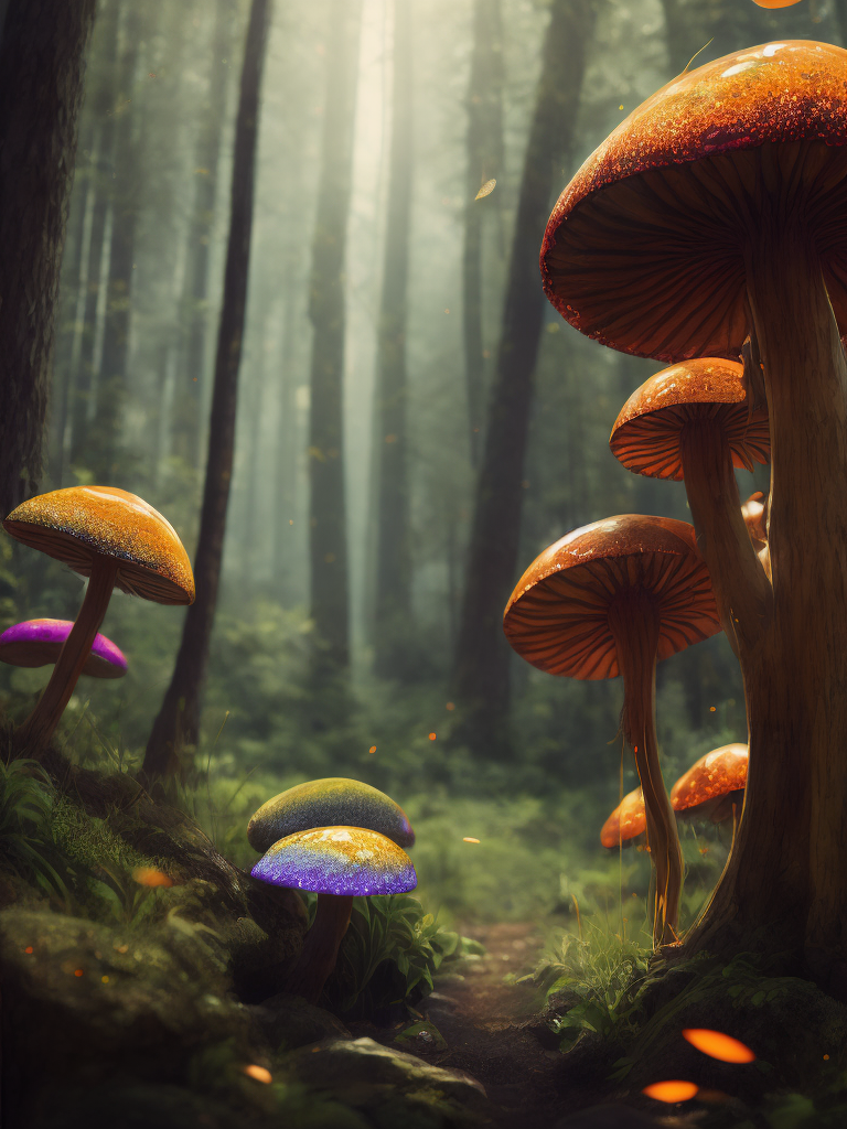 42 mushrooms of various sorts growing under the trees of the fabulous dark mysterious forest. The caps of rainbow mushrooms are covered in glitter and glow from the inside in various acidic colors. Fantastic Poison Mushrooms grow at the foot of the tree. Fairytail style, photorealistic details and clear, sharp and colorful high-resolution picture.