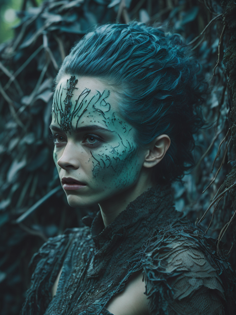 Portrait of an alien, batik, intricate details, surreal, Alien, Cyberpunk Trashcore Style, green and ice blue, s 1000