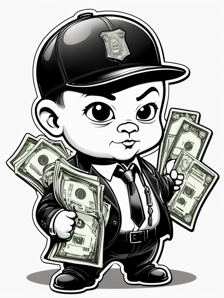 Gangsta baby cheerub boss Sticker with bag of money, in the style of simple black and white line art vector comic art on a white background