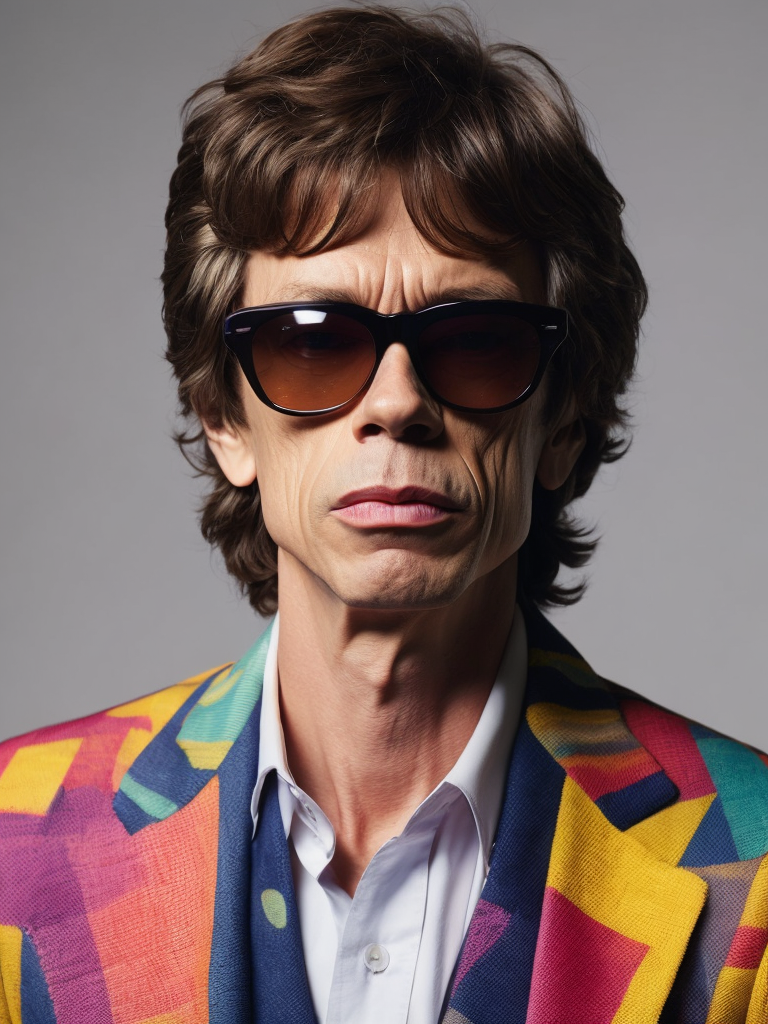 Mick Jagger wearing a brightly patterned jacket and wayfarer glasses, Vivid saturated colors, Contrast color