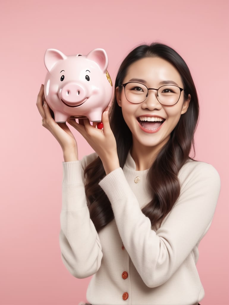 4k high resloution hd image,chinese happy smile lady and holding piggy bank with money isolated over white background