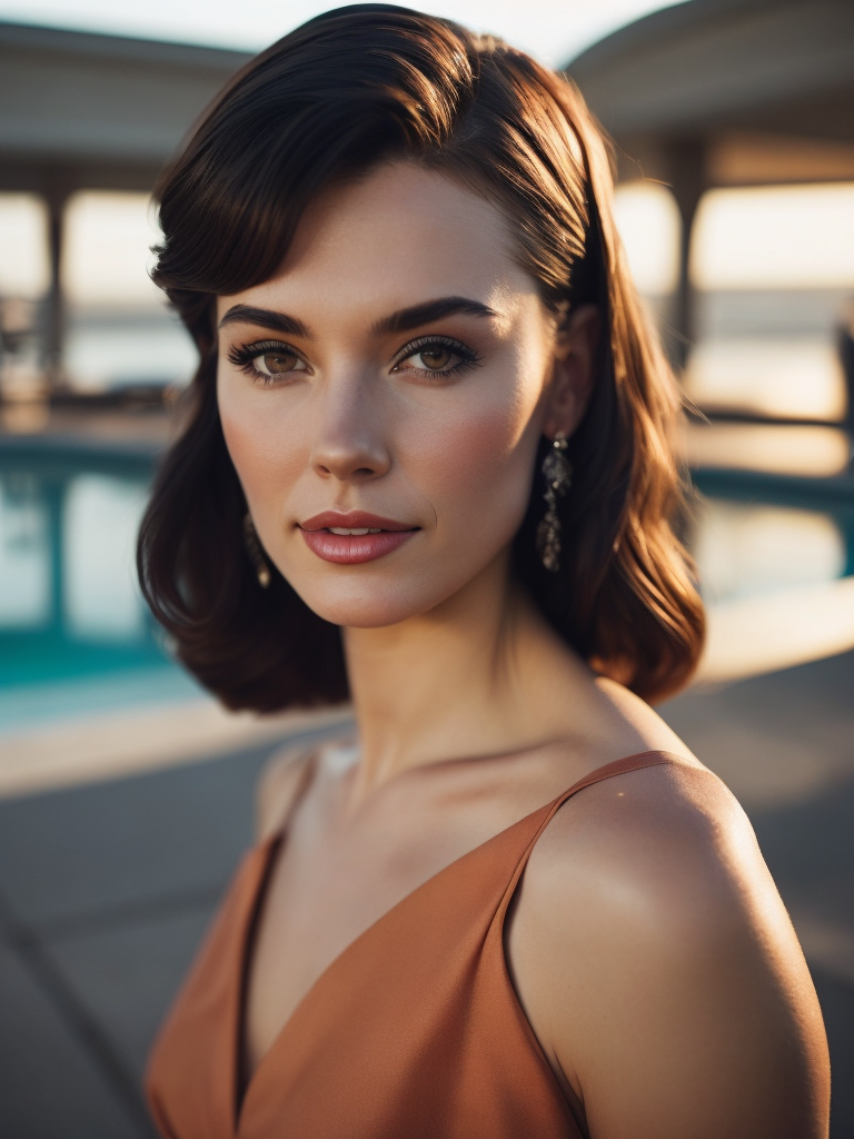 analog photo of Ashley Cipher wearing a retro 1960s dress, outside the Ramada Inn motel by the pool, by SixtiesRamada, warm, grain, 1960s, retro, Kodacolor, Kodachrome, Kodak44
