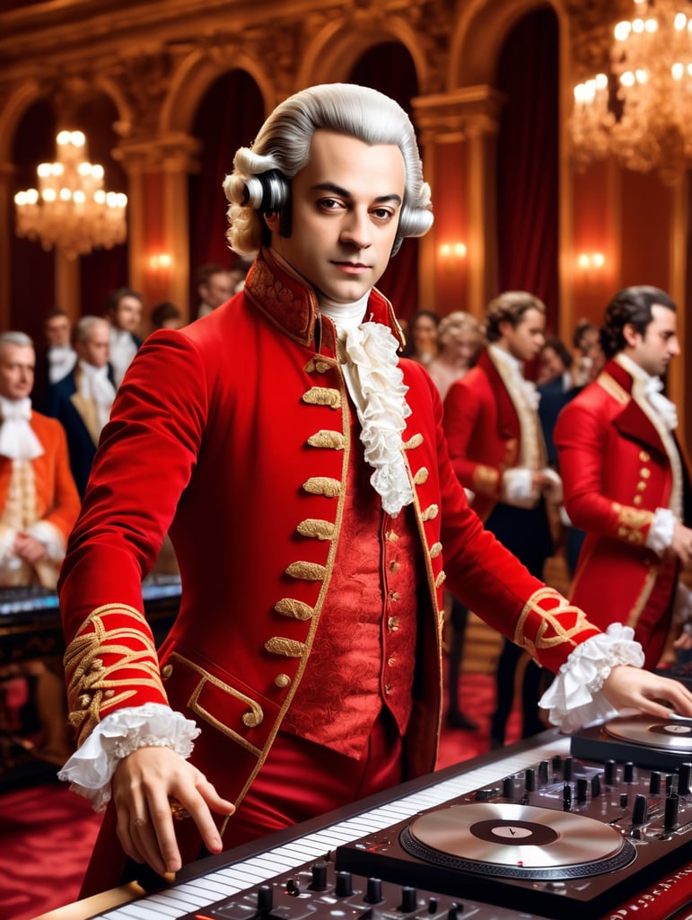 Wolfgang Amadeus Mozart in a 18th century red suit making music on a DJ table, Against the background of the interior of the palace full of guests, studio photo, professional photo, Bright and rich colors, Detailed image, detailed face,