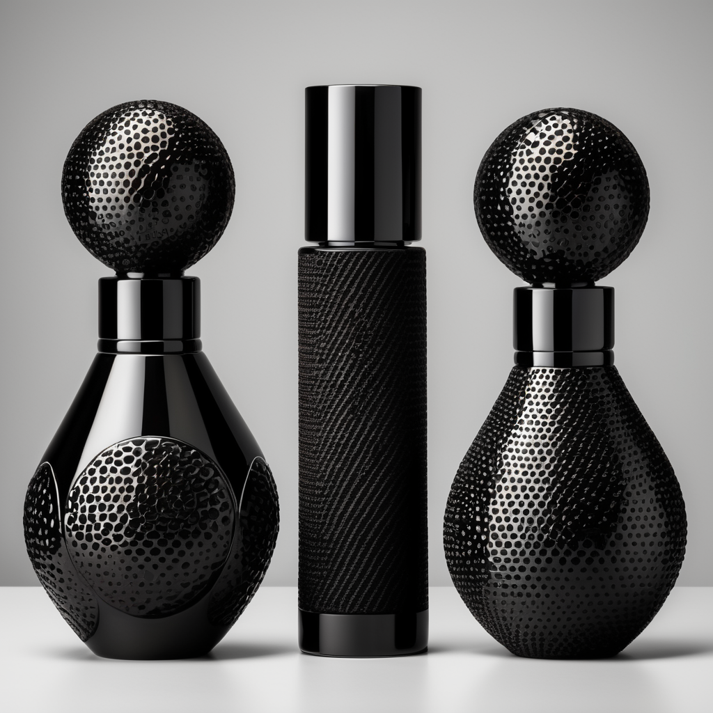 Botellas minimalistas de perfume altas y luxury de vidrio negro con texturas que generen tripofobia y etiquetas de colores vibrantes y muy minimalistas