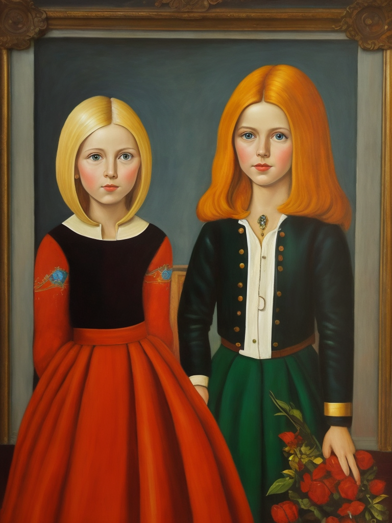 a two girl, style of Catherine Nolin, Painting, Acrylic, Oil, Portrait, Interior, USA