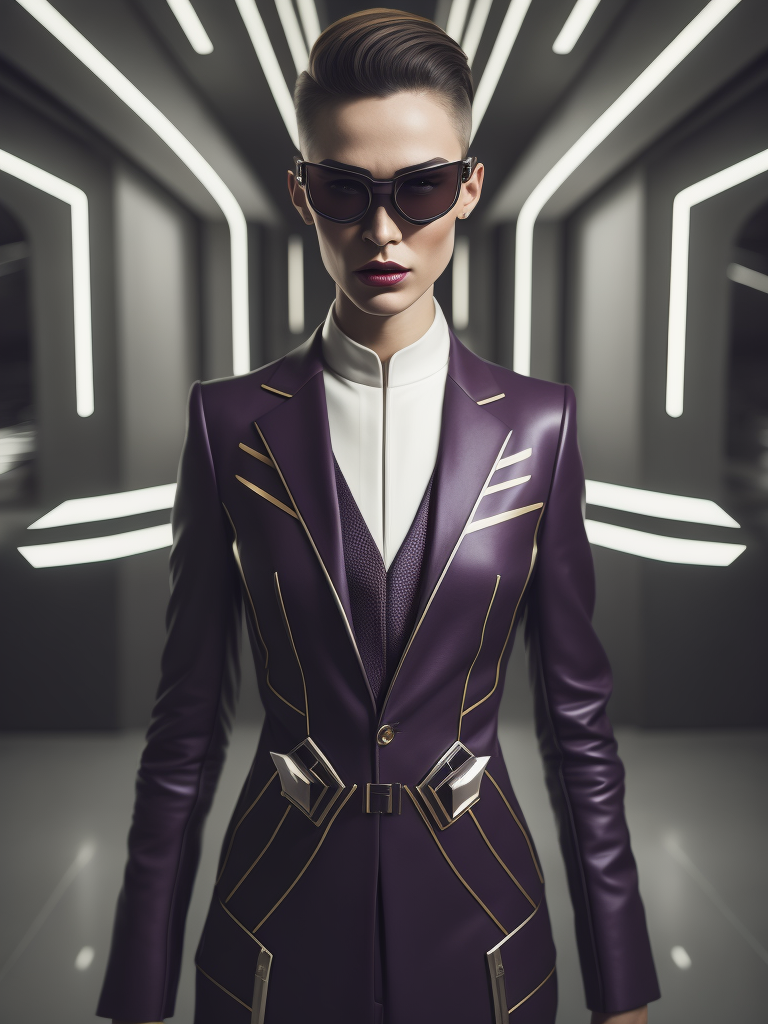 extremely detailed real photo with complex small details: thin beautifull super model in an elegant purple minimalistic suit couture, yellow details on uniform, clean grey color background, modern 1950's tight suit, wearing blow up sunglasses with futuristic see throug glass visor on top, hyper realistic, colored sharp lips, skin texture detailed, scifi, editorial fashion, Futuristic art, real person, futuristic fashion, sharp lines, light sources from above, cinematic lighting, smooth color grading, dynamic white, award winning photo, editorial photography, shot with PhaseOne camera