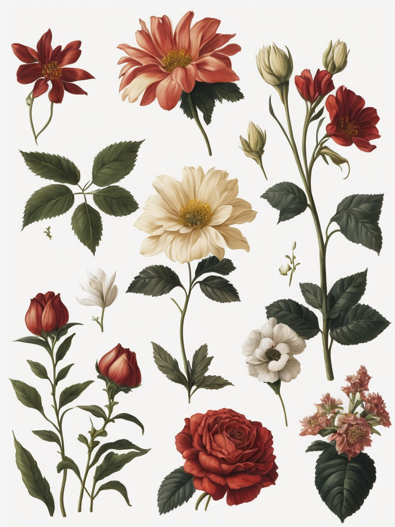different types of flowers , botanical illustration, white background, style of Pierre-Joseph Redoute
