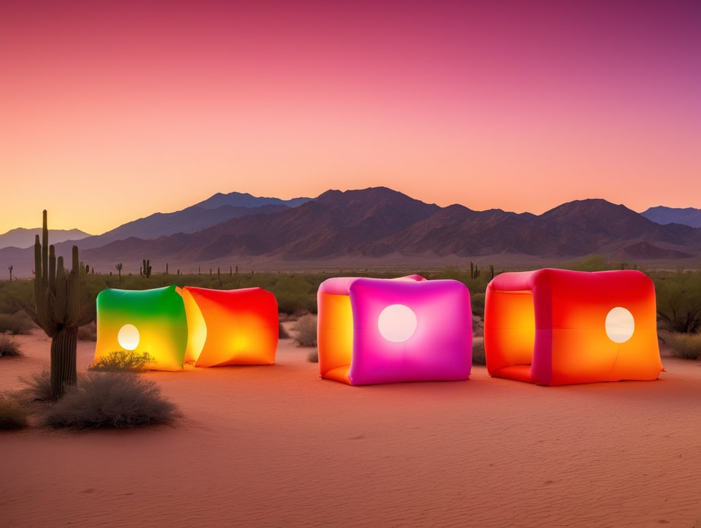 4 prismas inflables en medio del desierto inspirados en la arquitectura de Luis Barragán, con colores vibrantes y degradados.