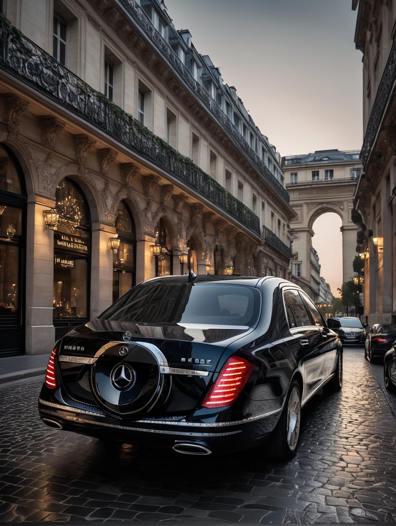 high quality cinematic Mercedes-Benz Maybach decorated with diamond stones in the city of Paris