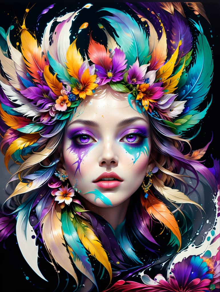 mesmerizing digital artwork features an amazing magical flower in rainbow colors with a purple feather standing in the middle, all on a black background. The artwork is a beautiful and surreal depiction of nature's magic. The rainbow flower is vibrant and eye-catching, with petals of every color of the rainbow. The purple feather in the middle of the flower is elegant and graceful, and it adds a touch of mystery to the artworK